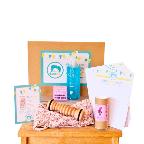 Third trimester pregnancy gift box. cooling leg gel for puffy, swollen legs and feet, headache relief balm, massage oil, foot roller, wheat and lavender heat and cool bag.