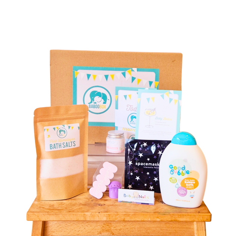 Fourth trimester pregnancy gift box. Baby Bubble Bath, healing pink Himalayan Bath Salts, nipple cream, space Mask, thumble for baby nails file. 